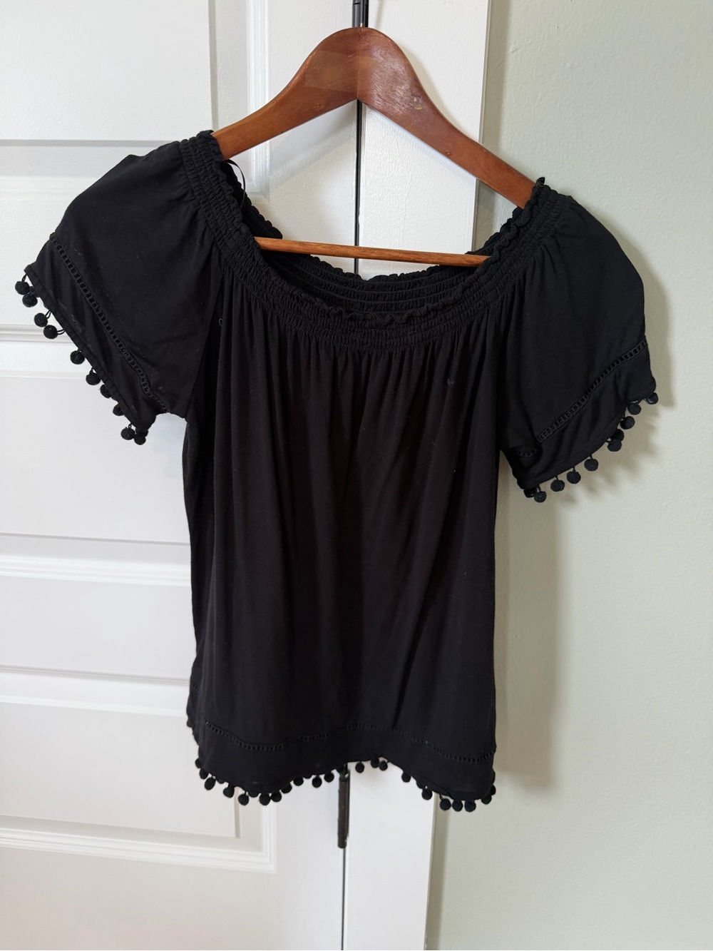 H&M Black Off-Shoulder Top with Pom-Pom Trim